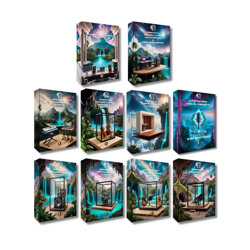 FL Studio Ultimate Mixing & Mastering Bundle VIP Edition Product Boxes Set of eight boxes with artistic designs on a white background