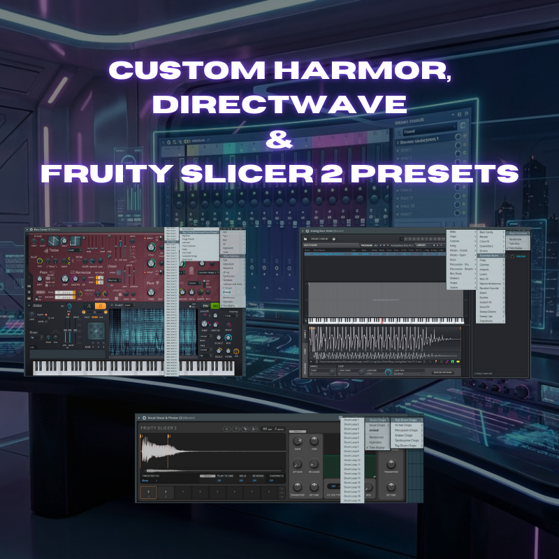 Music production software interface with text 'Custom Harmor, Directwave & Fruity Slicer 2 Presets' on a futuristic background. Infinity Suite is loaded with over 4000 custom presets & Sounds for fresh inspiration.