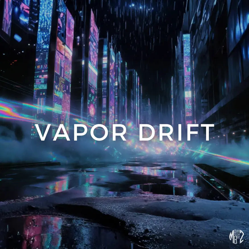 Vapor Drift – Pop/Hip-Hop Beat by Mayu Beatz (115 BPM, A Minor). Futuristic neon cityscape with glowing 'Vapor Drift' text in the center. Royalty-free for recording artists.
