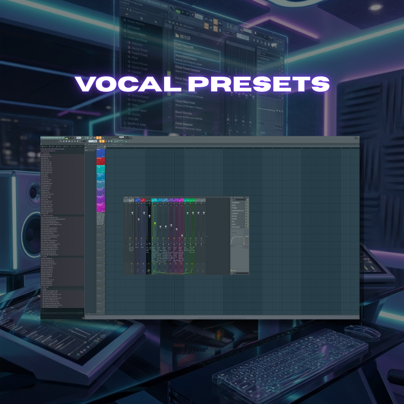 Infinity Suite For FL Studio comes with Levitation Vocal Presets VIP Edition. Computer screen displaying audio software with 'Vocal Presets' text in a studio setting.