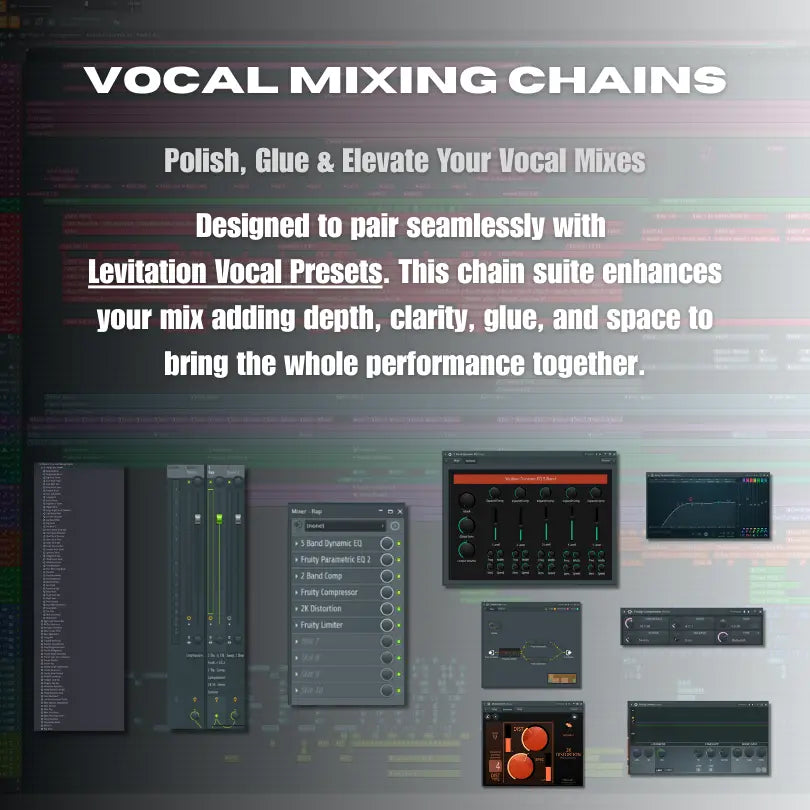 Vocal mixing chains software interface with text on a blurred background