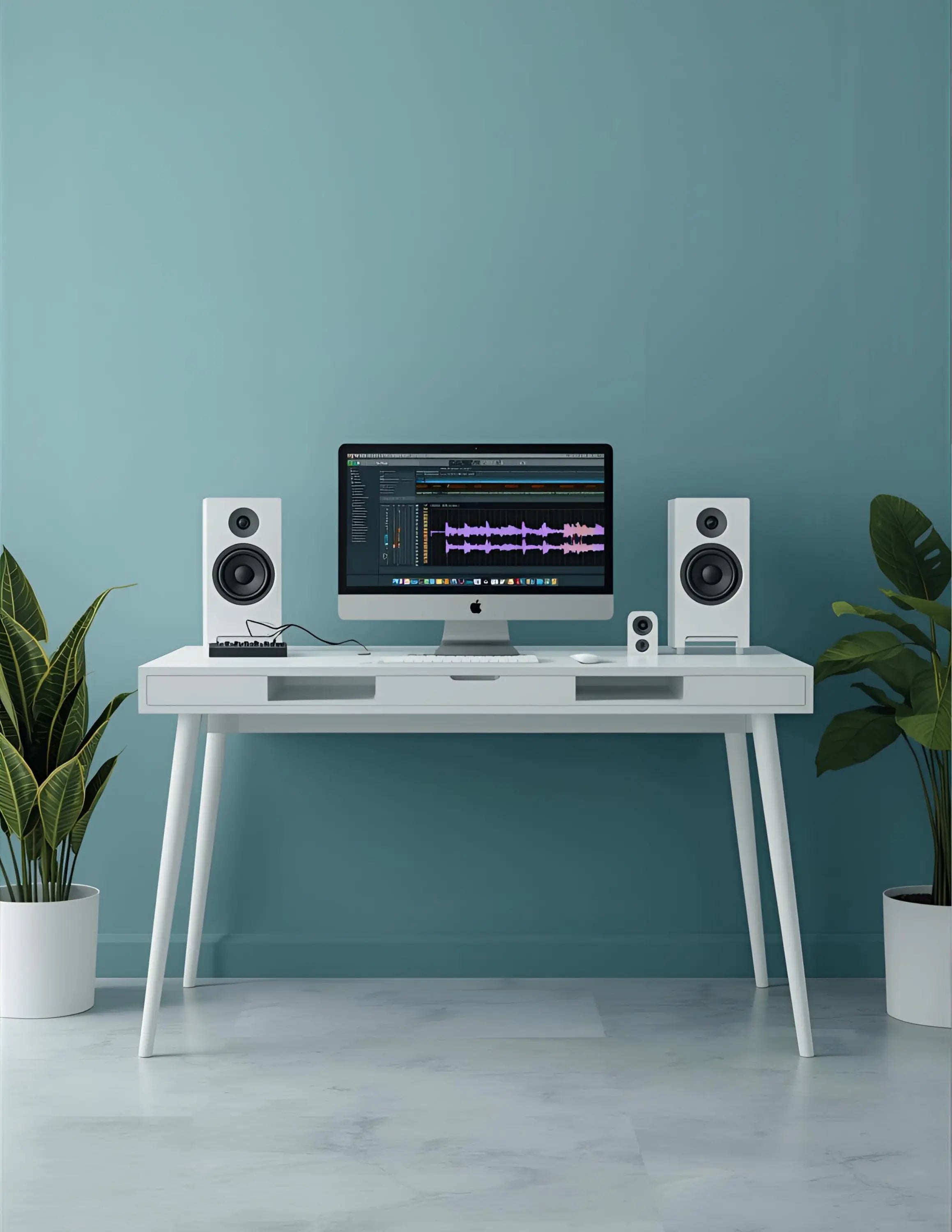 White desk with computer setup against a teal wall