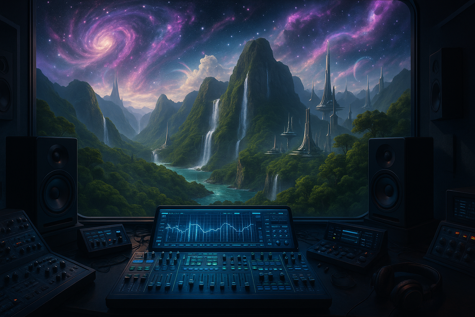 looking down from futuristic music studio. beyond the view of a mixing-board, mystical lush jungle valley, mountains with majestic waterfalls flowing into utopian Lagoons. Future city landscapes surround. The sky filled with iridescent galaxies and nebulas. A musicians paradise.